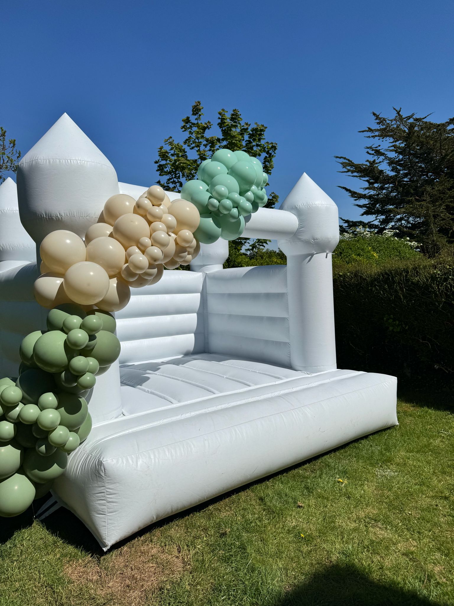 White Bouncy Castle with Custom Balloon Garland - Green, Aqua and Gold